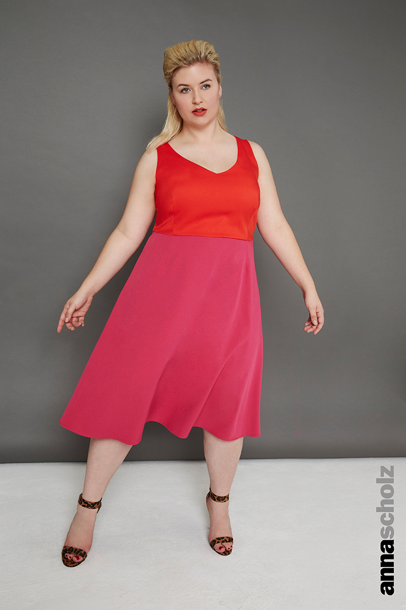 Plus Size Crepe Tailoring V Neck Swing Dress Orange And Pink