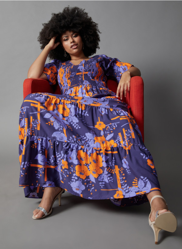 Anna Scholz Plus Size Silk Puff Sleeve Tiered Maxi Dress Print